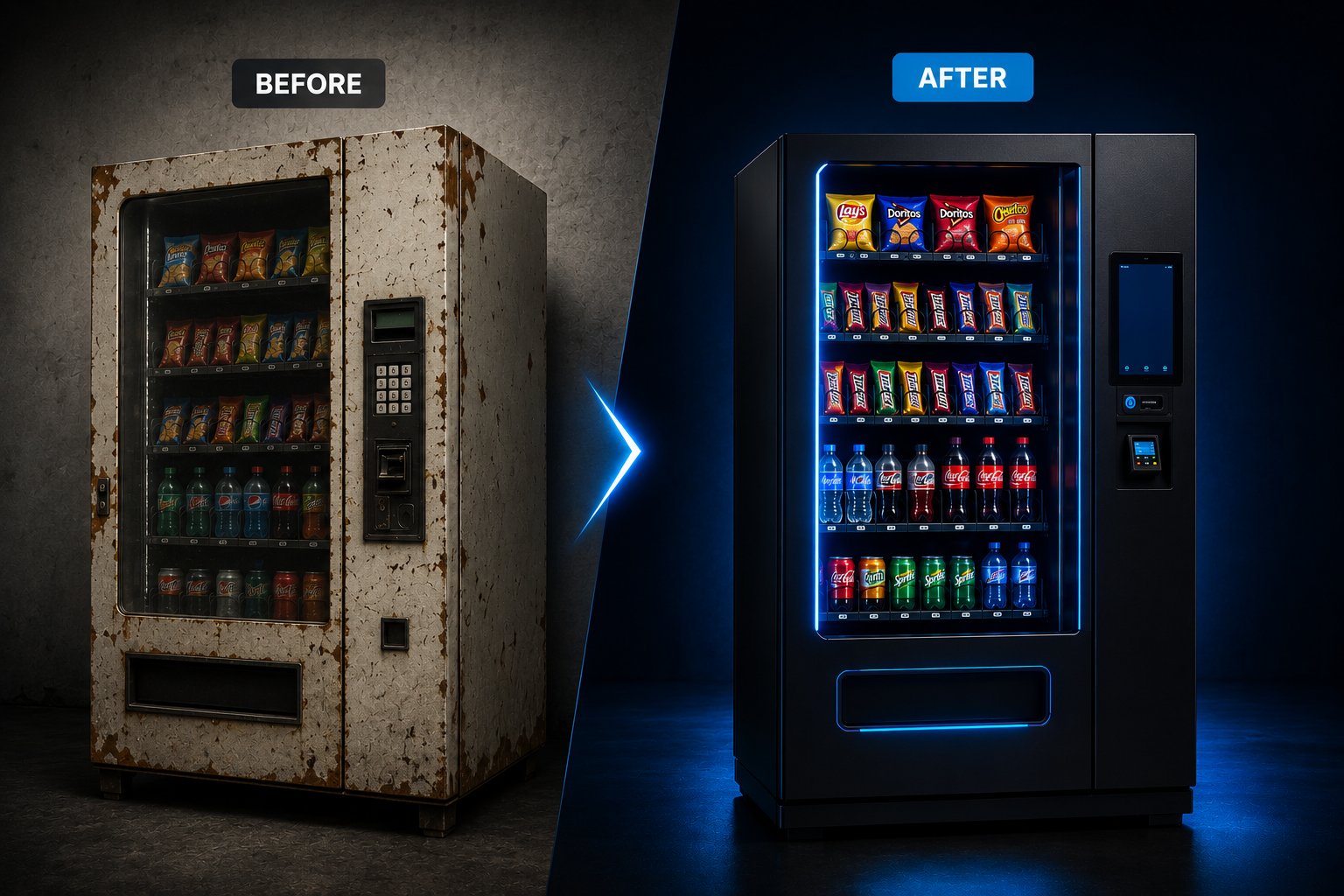 Vending machine before and after restoration by ATVS