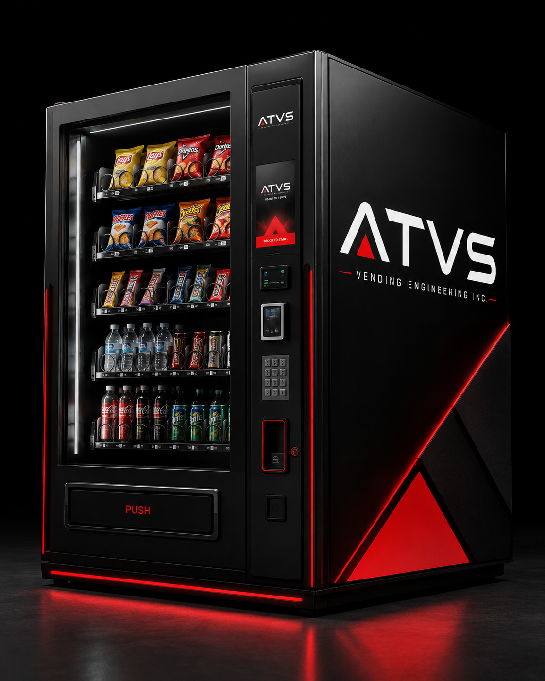 ATVS vending machine with red LED accent lighting