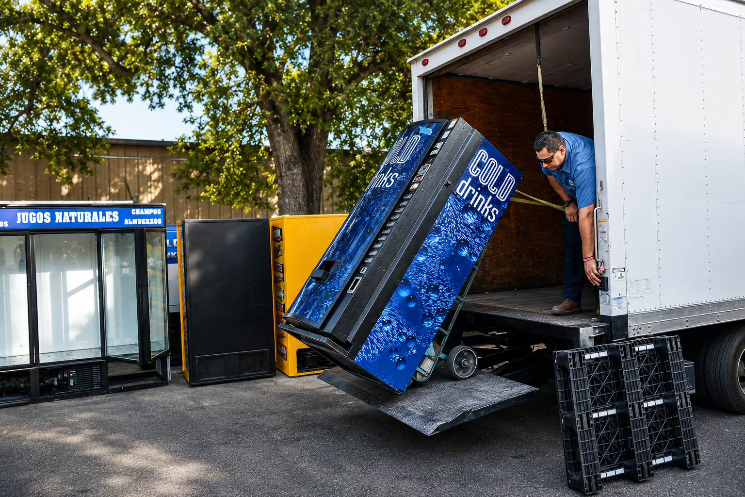 ATVS team loading a Cold Drinks vending machine into a moving truck
