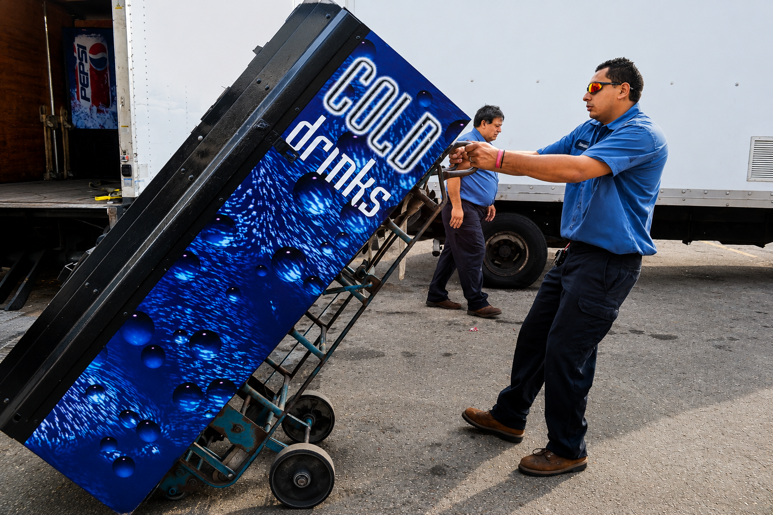 ATVS technicians transporting a vending machine with a heavy-duty dolly