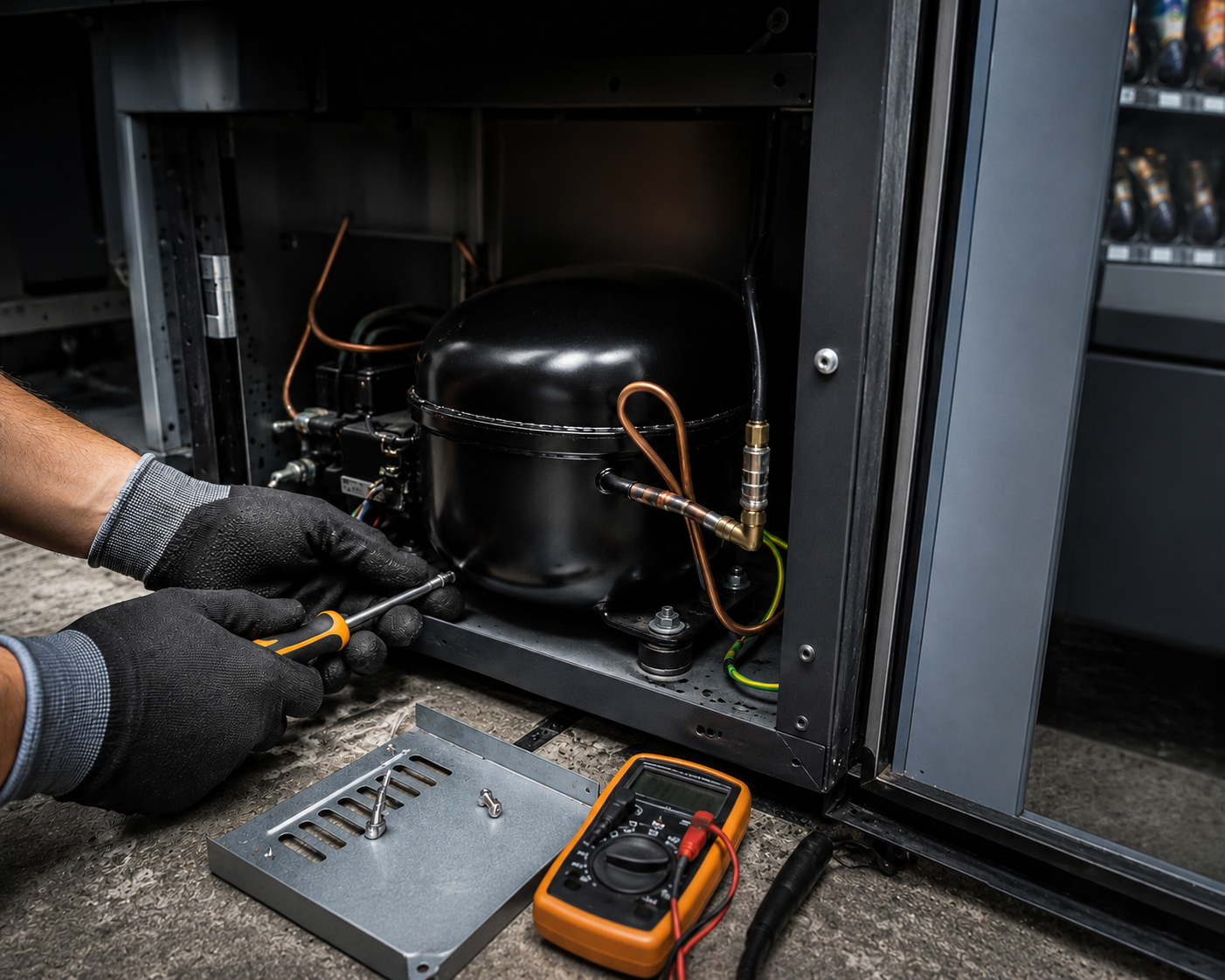 ATVS technician repairing a vending machine refrigeration compressor